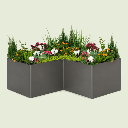 32-Inch-Tall L-Shaped Metal Raised Bed, 83 x 83 Inches on a soft green background