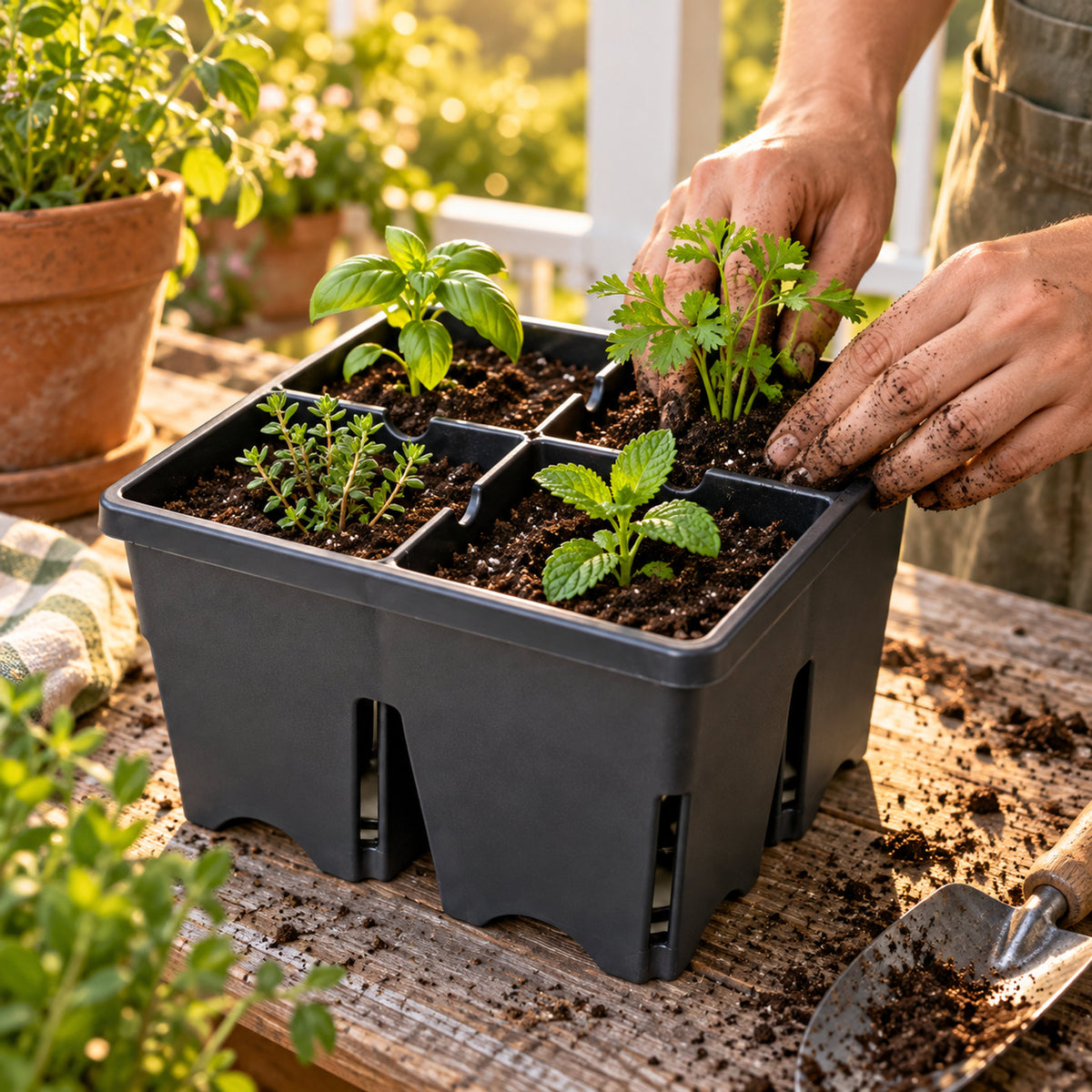 4 Cell Seed Starting Trays in use in a home garden