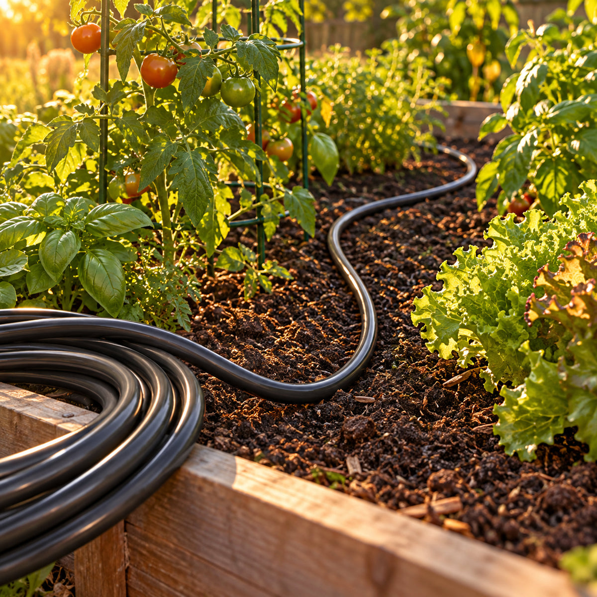 40-Foot Main Irrigation Hose in use in a home garden