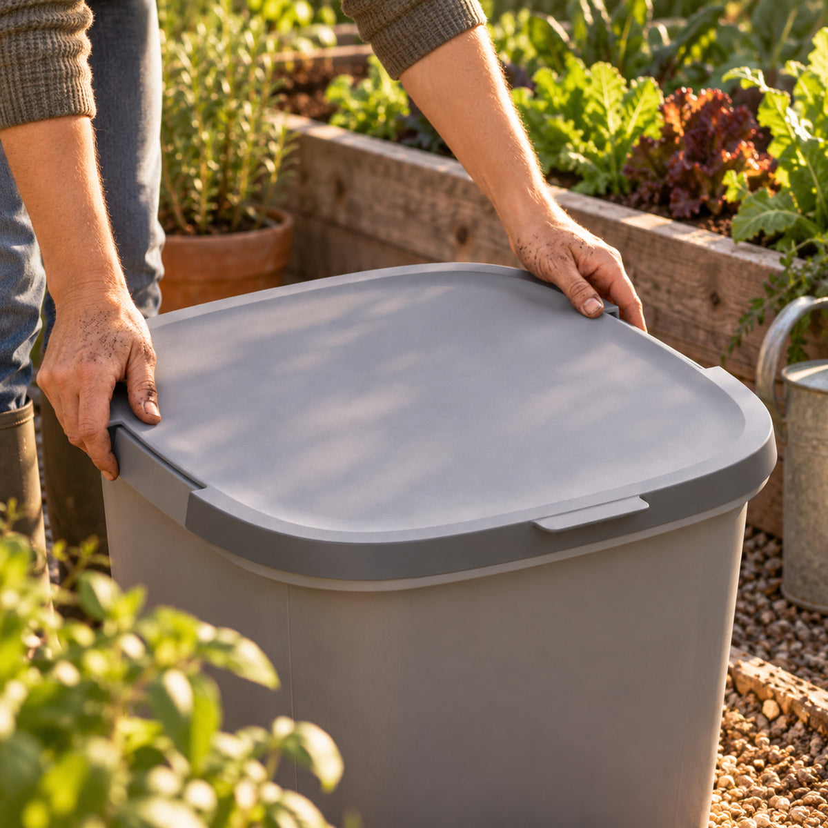 8-Gallon Garden Tub Lid in use in a home garden