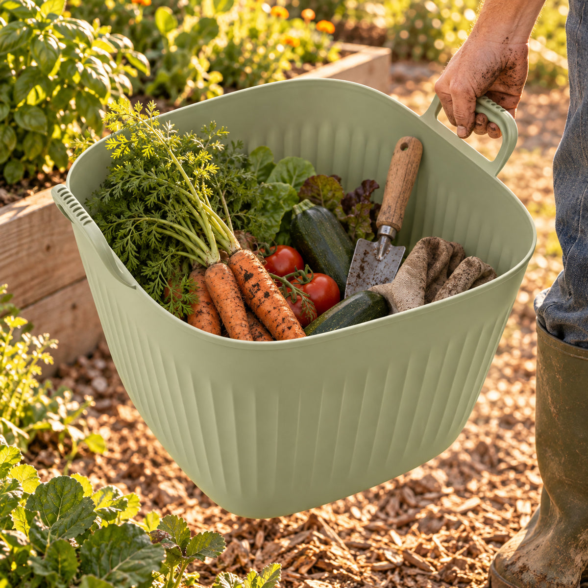 8-Gallon Garden Utility Tub in use in a home garden