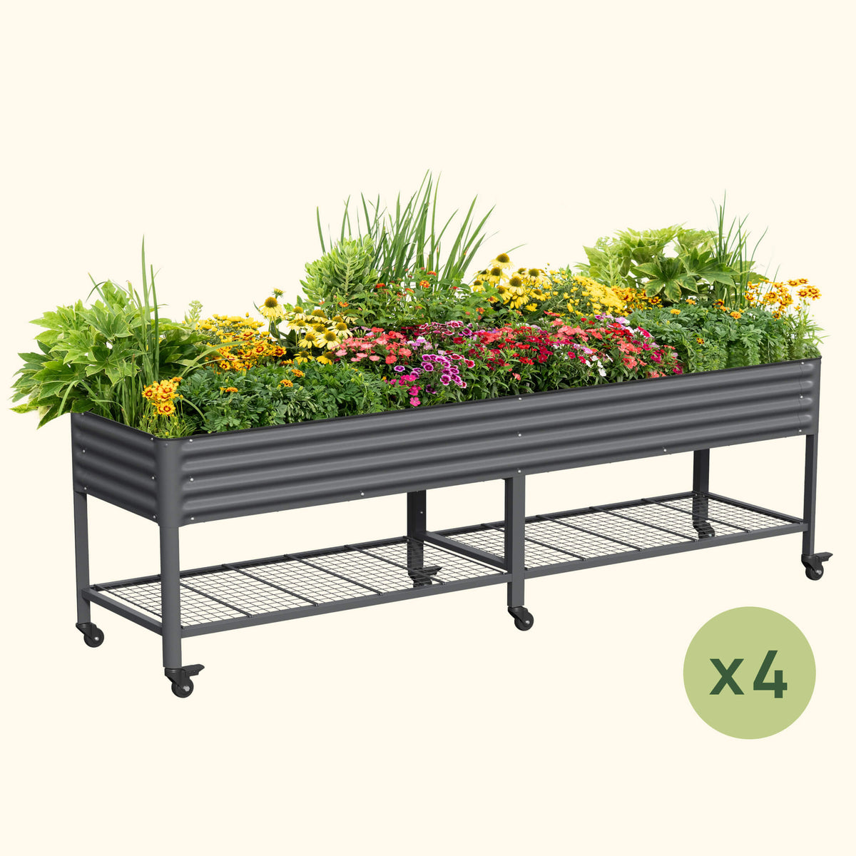 Four-Pack of Elevated Garden Beds, 2.5 x 10 Feet, with Wheels