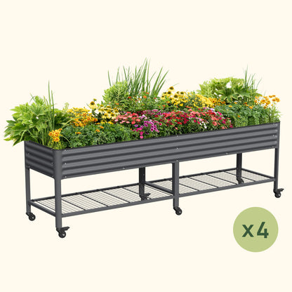 Four-Pack of Elevated Garden Beds, 2.5 x 10 Feet, with Wheels