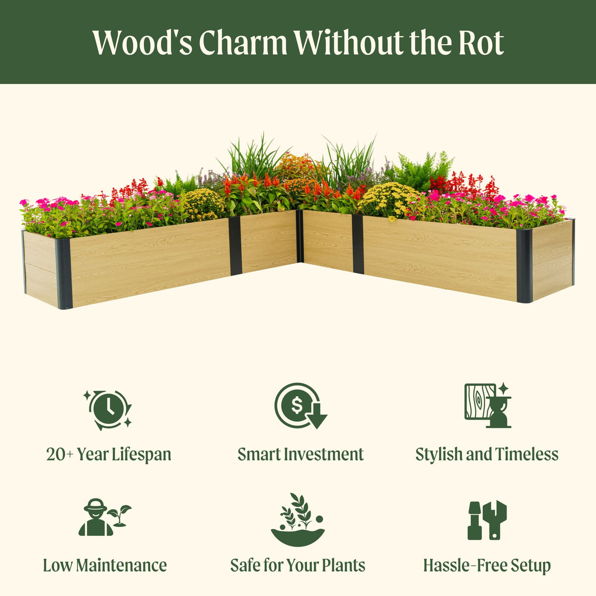 Product photo of l-shaped woodgrain raised bed, 96 x 96 x 16 inches