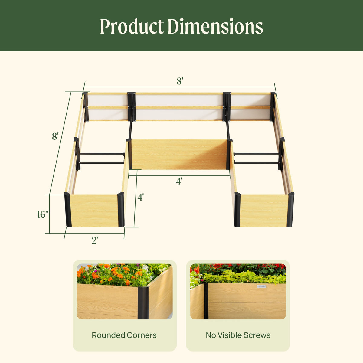 Product photo of u-shaped woodgrain raised bed, 96 x 96 x 16 inches