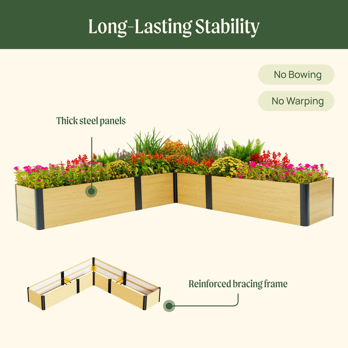 Product photo of l-shaped woodgrain raised bed, 96 x 96 x 16 inches