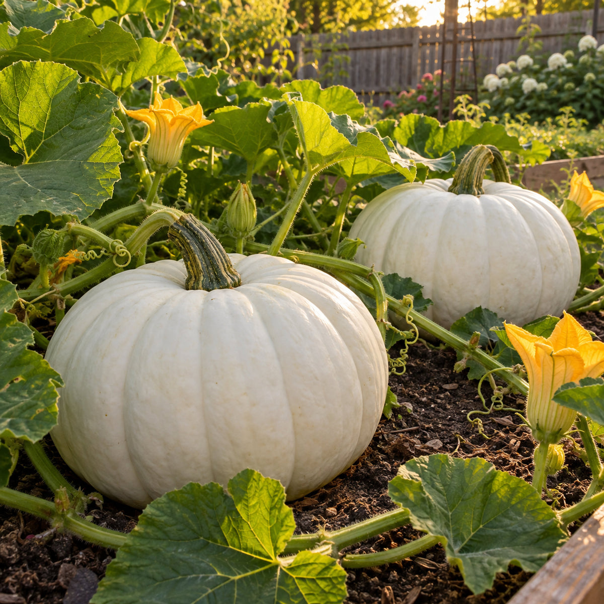 Abominable White Pumpkin Seeds growing in a home garden