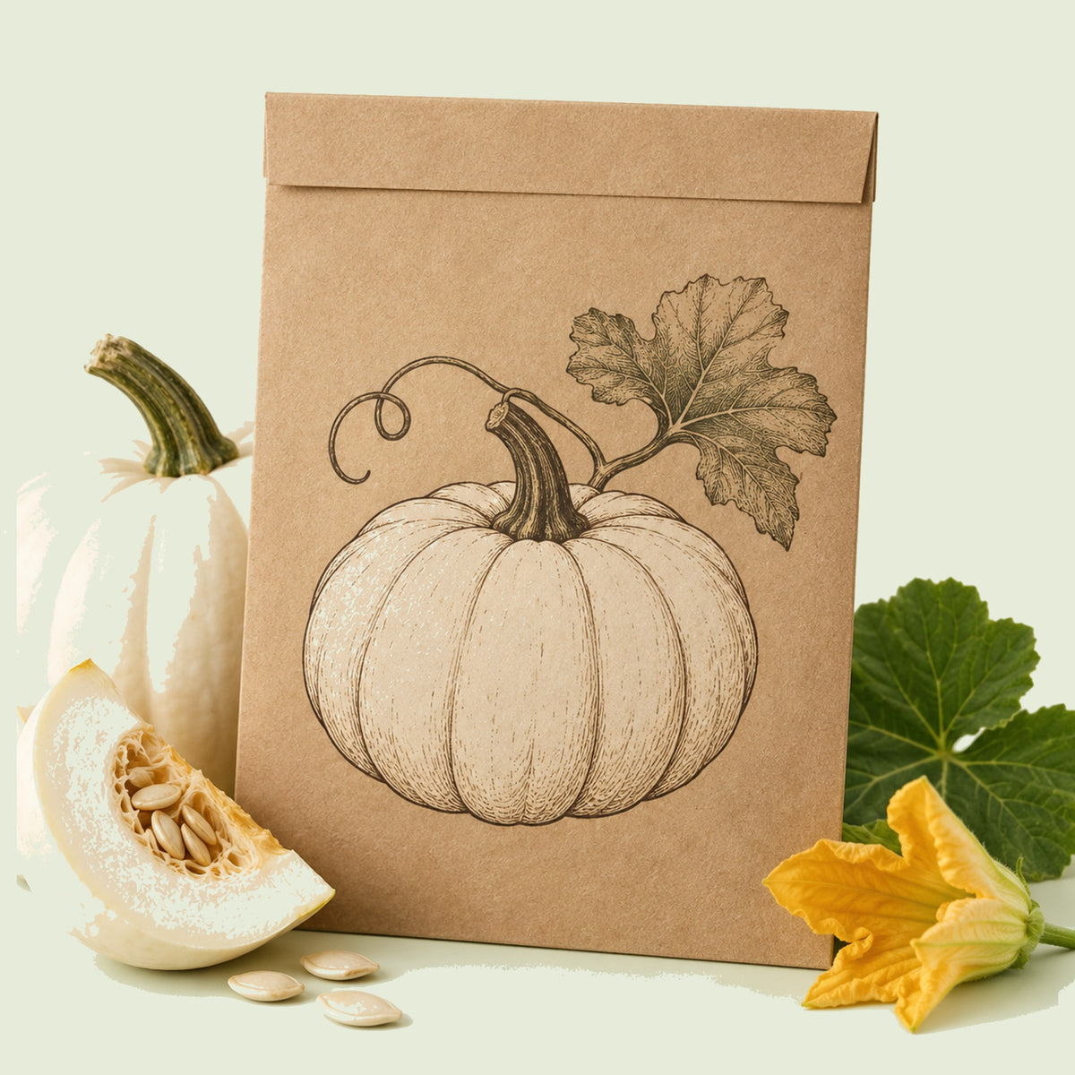 Kraft seed packet illustrated with Abominable White Pumpkin, with fresh Abominable White Pumpkin beside it