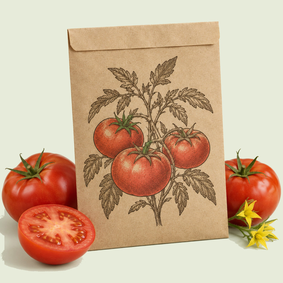 Kraft seed packet illustrated with Ace 55 Bush Tomato, with fresh Ace 55 Bush Tomato beside it