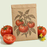 Kraft seed packet illustrated with Ace 55 Bush Tomato, with fresh Ace 55 Bush Tomato beside it