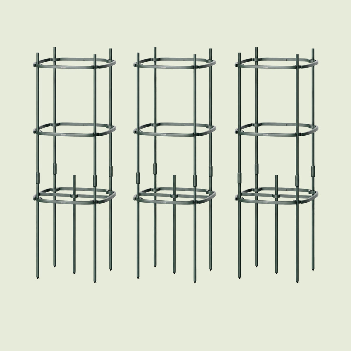 Adjustable Tomato Tower 3-Pack on a soft green background