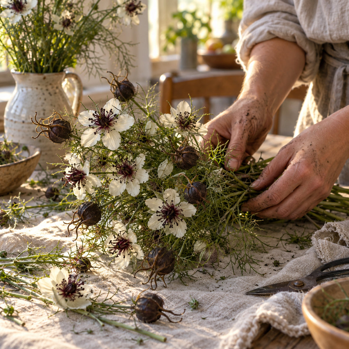 African Bride Love in a Mist Seeds harvest up close