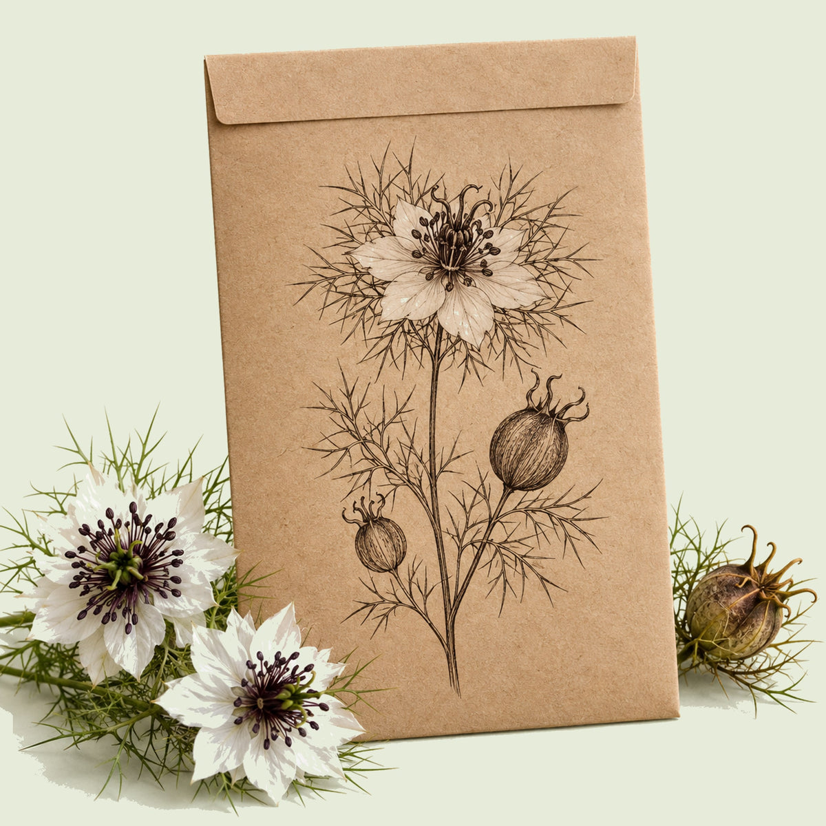 Kraft seed packet illustrated with African Bride Love in a Mist, with fresh African Bride Love in a Mist beside it