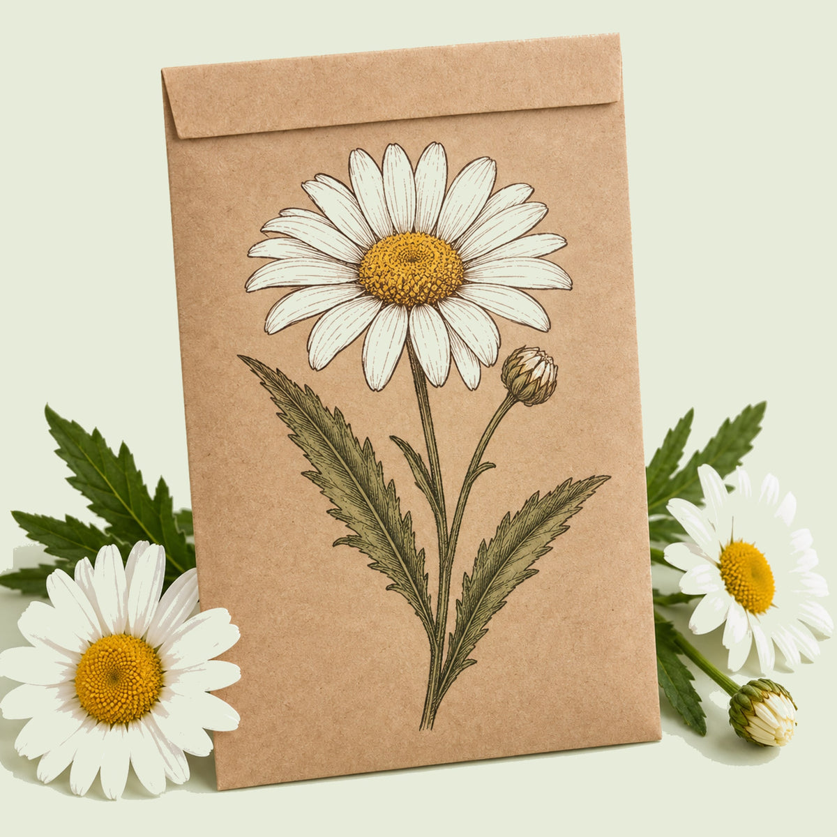 Kraft seed packet illustrated with Alaska Shasta Daisy, with fresh Alaska Shasta Daisy beside it