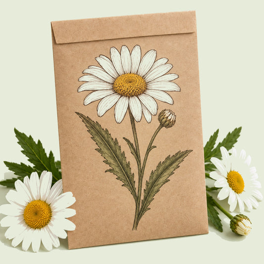 Kraft seed packet illustrated with Alaska Shasta Daisy, with fresh Alaska Shasta Daisy beside it