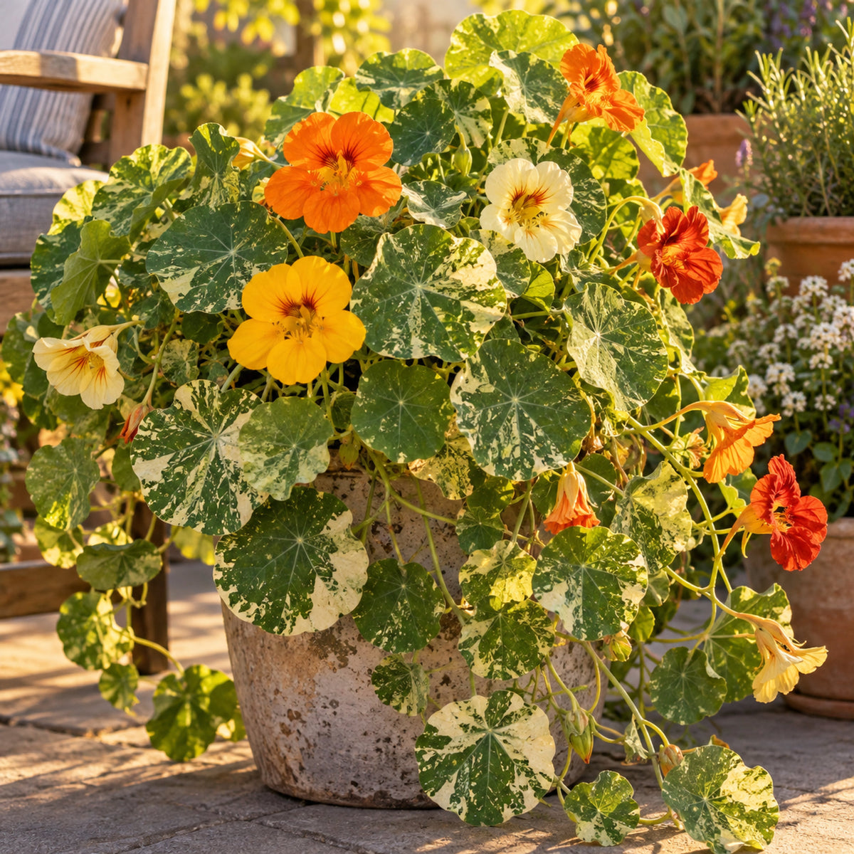 Alaska Variegated Nasturtium Seeds growing in a home garden