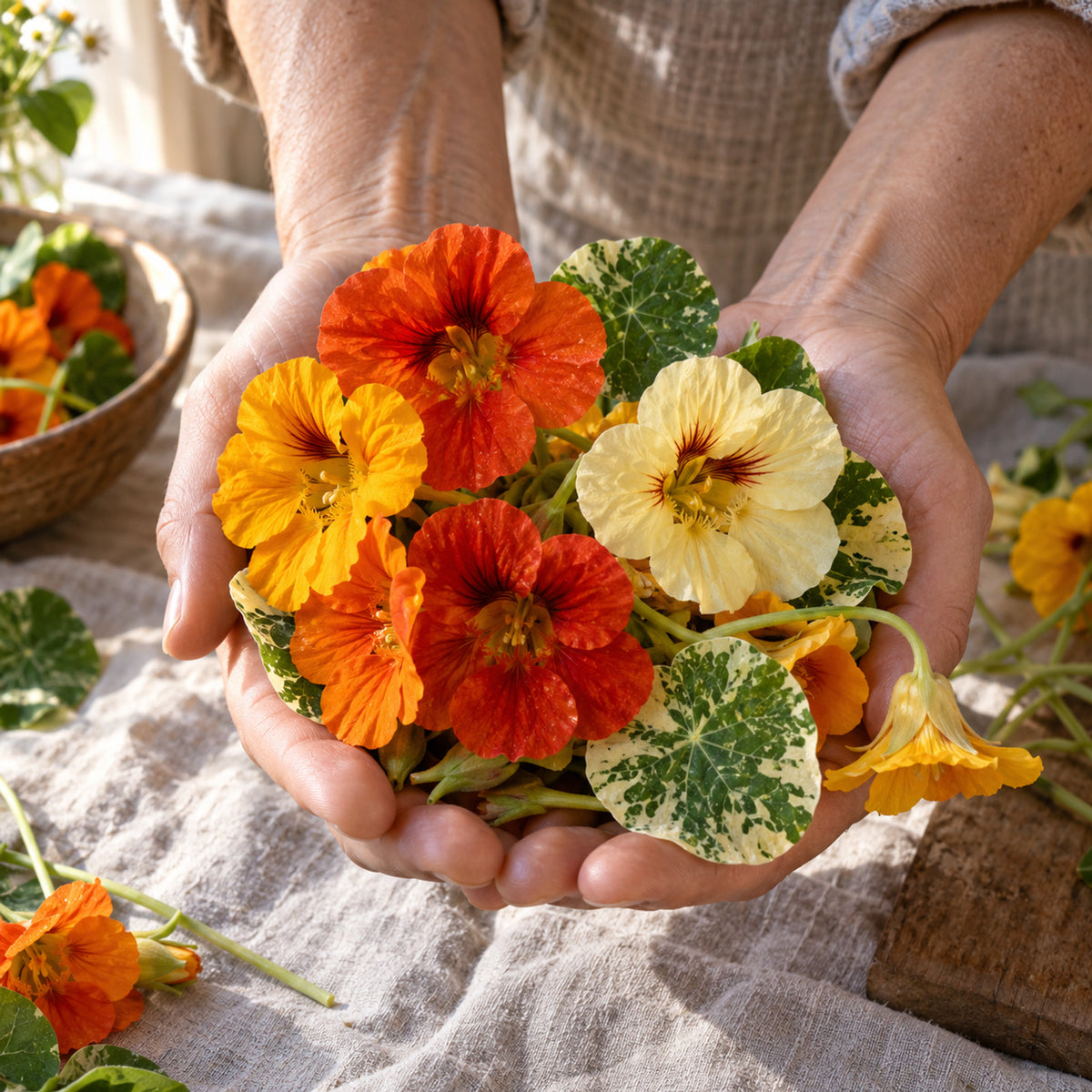 Alaska Variegated Nasturtium Seeds harvest up close