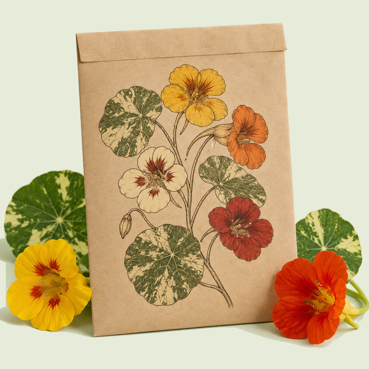 Kraft seed packet illustrated with Alaska Variegated Nasturtium, with fresh Alaska Variegated Nasturtium beside it