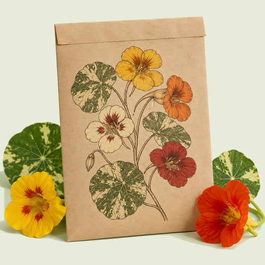 Kraft seed packet illustrated with Alaska Variegated Nasturtium, with fresh Alaska Variegated Nasturtium beside it