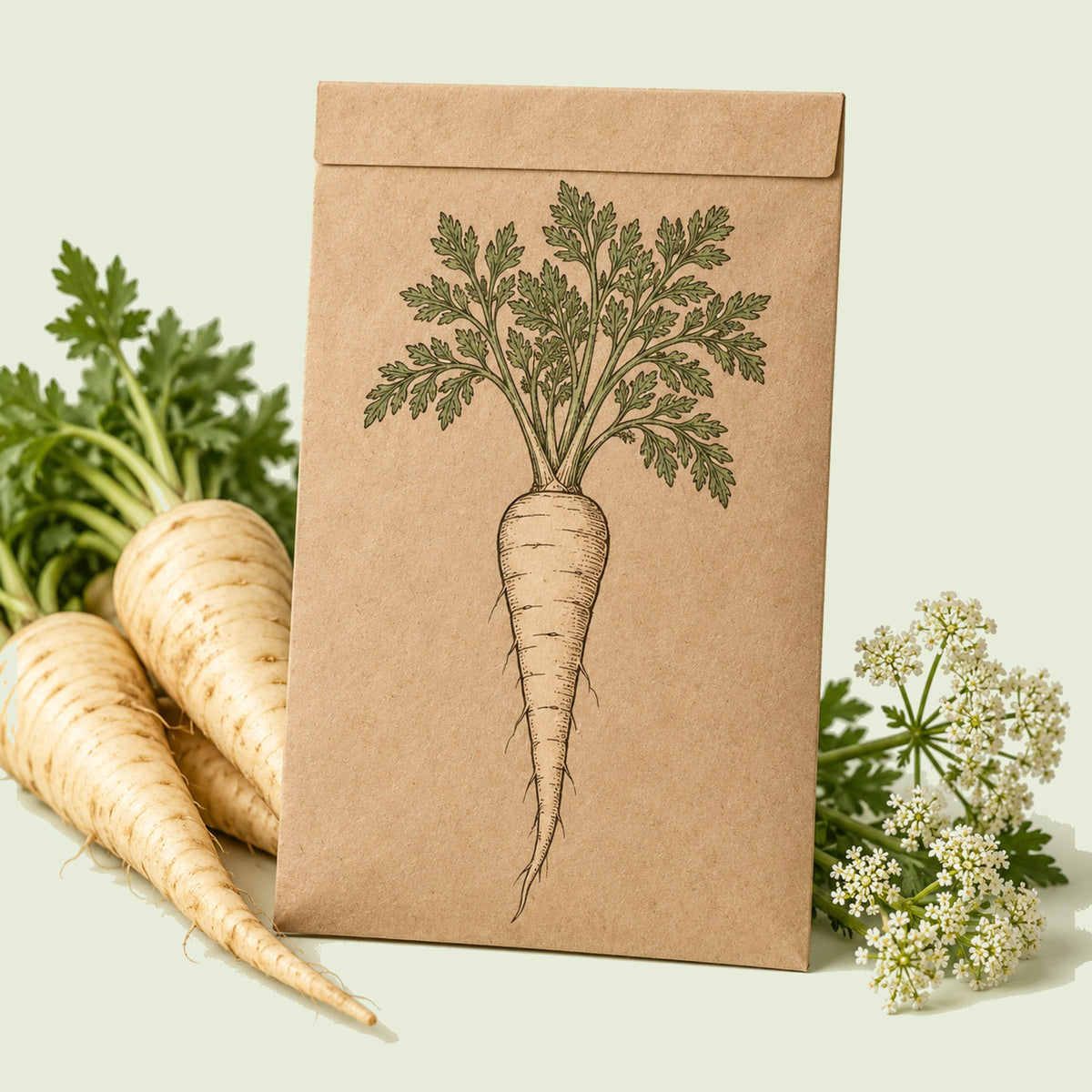 Kraft seed packet illustrated with All American Parsnip, with fresh All American Parsnip beside it