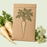 Kraft seed packet illustrated with All American Parsnip, with fresh All American Parsnip beside it