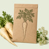 Kraft seed packet illustrated with All American Parsnip, with fresh All American Parsnip beside it