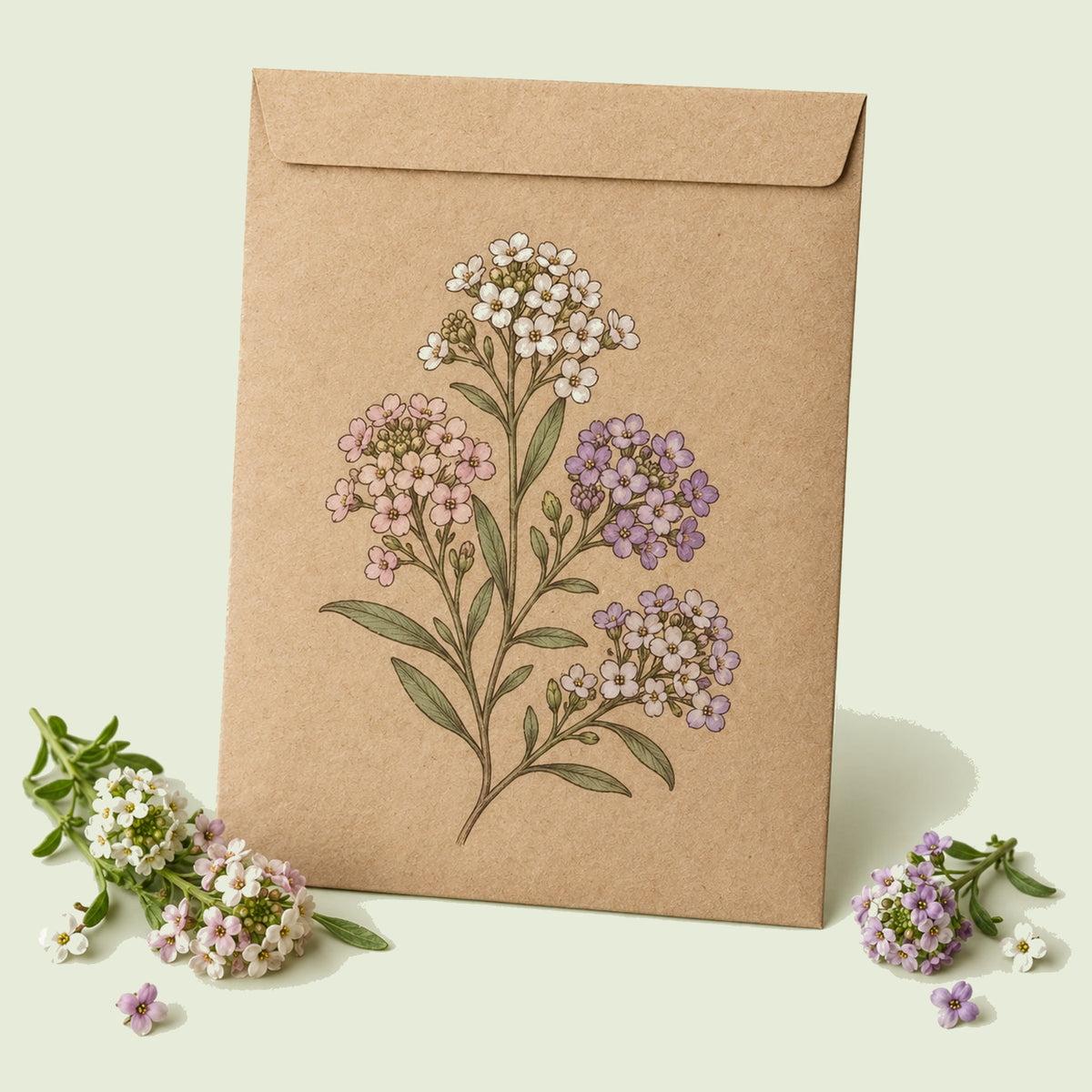Kraft seed packet illustrated with Allure Pastel Sweet Alyssum, with fresh Allure Pastel Sweet Alyssum beside it
