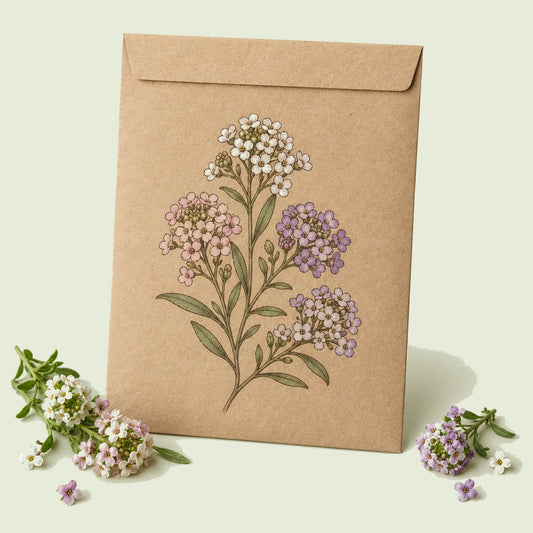 Kraft seed packet illustrated with Allure Pastel Sweet Alyssum, with fresh Allure Pastel Sweet Alyssum beside it
