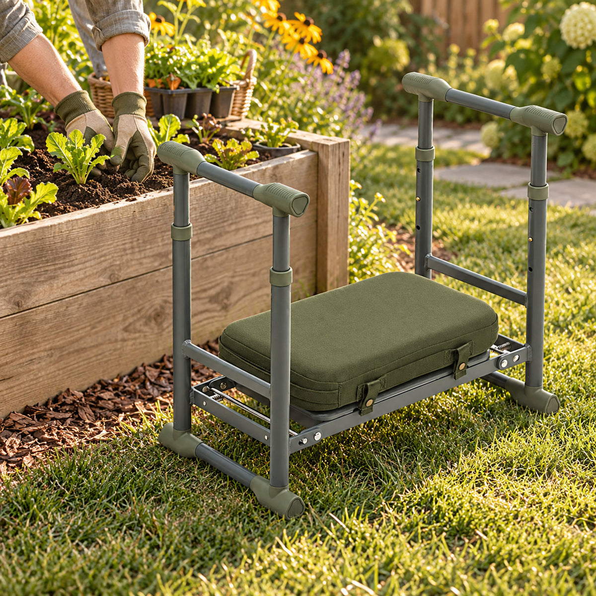 Aluminum Garden Kneeler and Seat in use in a home garden