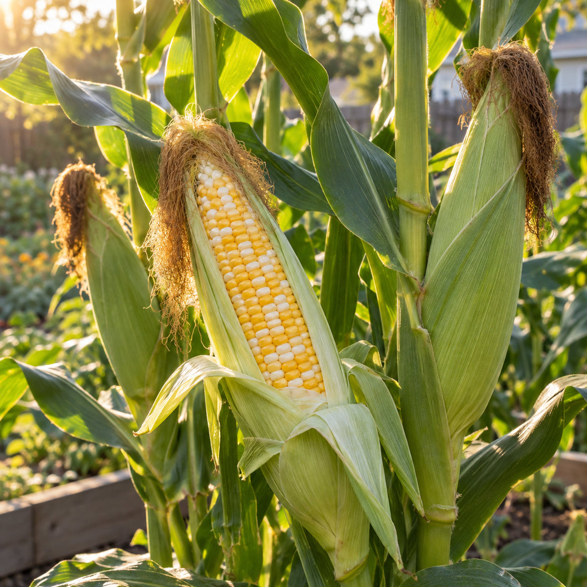 Ambrosia Sweet Corn Seeds growing in a home garden