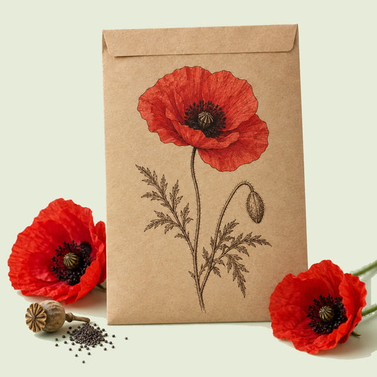 Kraft seed packet illustrated with American Legion Corn Poppy, with fresh American Legion Corn Poppy beside it
