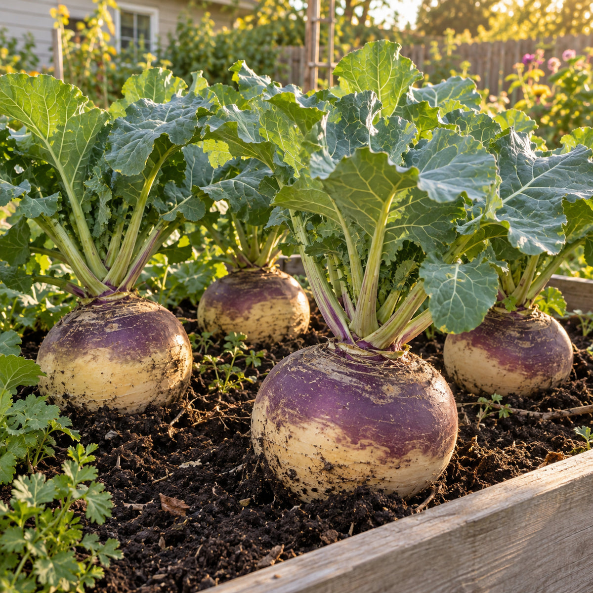 American Purple Top Rutabaga Seeds growing in a home garden