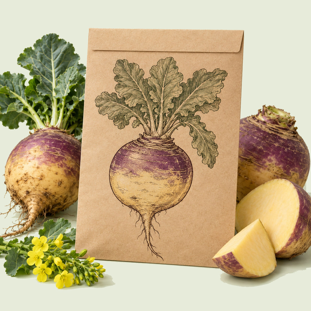 Kraft seed packet illustrated with American Purple Top Rutabaga, with fresh American Purple Top Rutabaga beside it