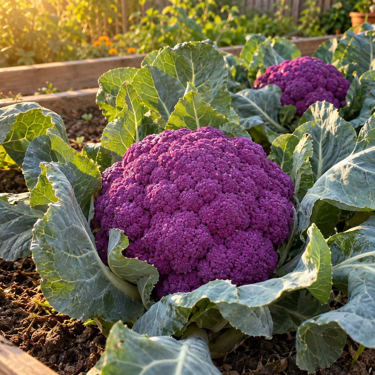 Amethyst Cauliflower Seeds growing in a home garden