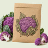 Kraft seed packet illustrated with Amethyst Cauliflower, with fresh Amethyst Cauliflower beside it