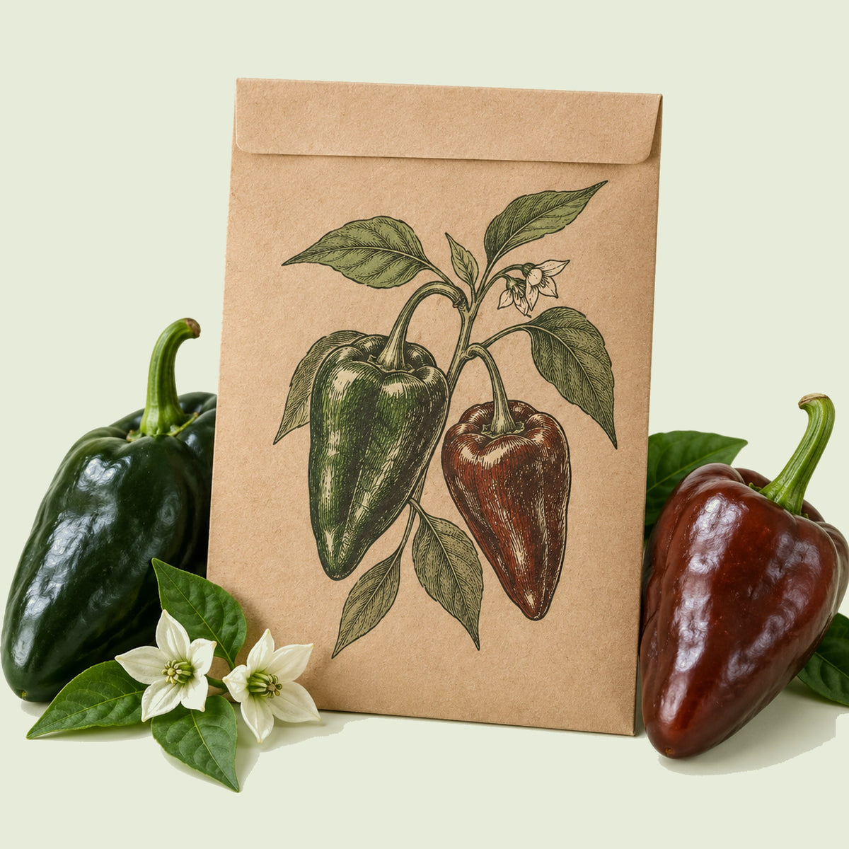 Kraft seed packet illustrated with Ancho Poblano Chile Pepper, with fresh Ancho Poblano Chile Pepper beside it