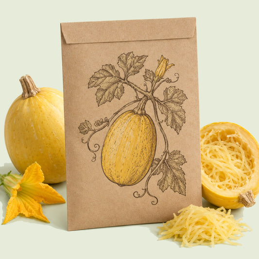 Kraft seed packet illustrated with Angel Hair Spaghetti Squash, with fresh Angel Hair Spaghetti Squash beside it