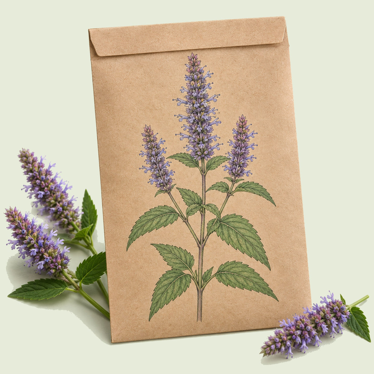 Kraft seed packet illustrated with Anise Hyssop, with fresh Anise Hyssop beside it