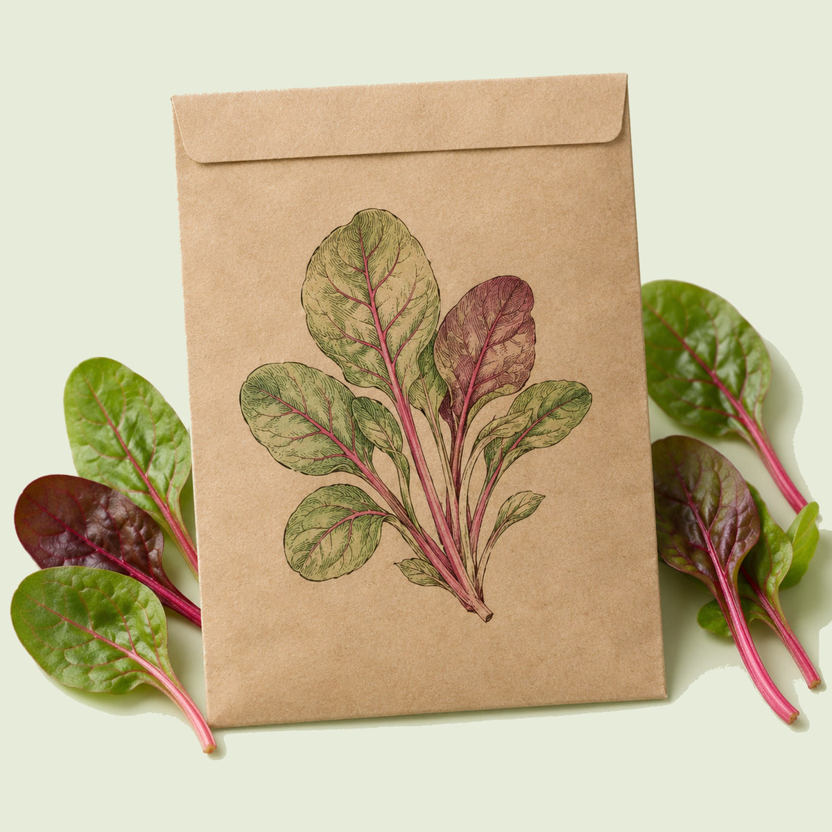 Kraft seed packet illustrated with Apple Blossom Swiss Chard Baby Greens, with fresh Apple Blossom Swiss Chard Baby Greens beside it
