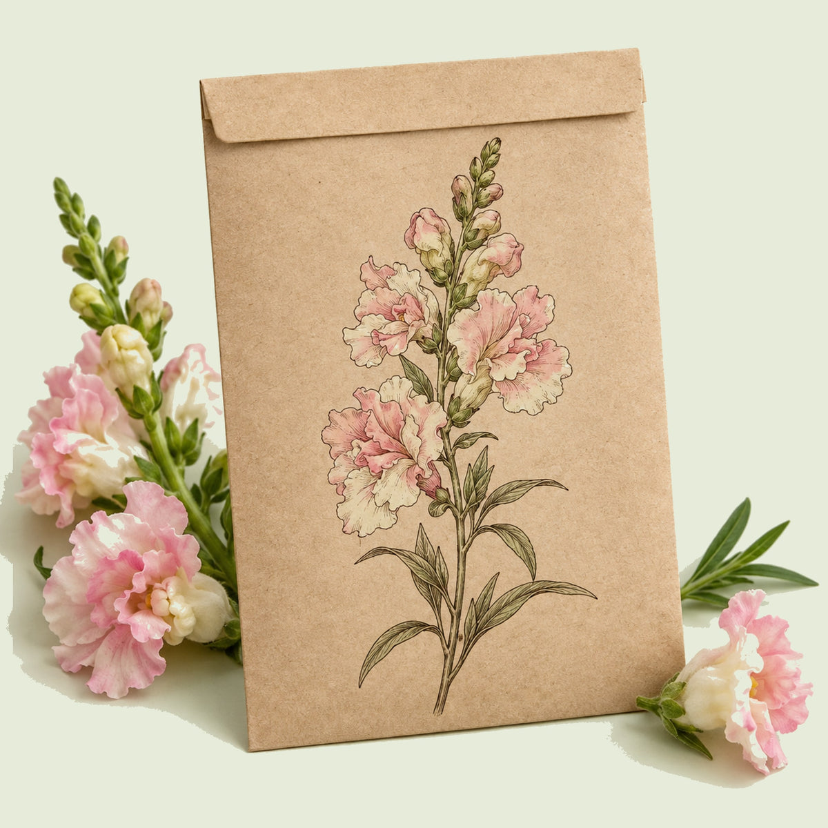 Kraft seed packet illustrated with Appleblossom Snapdragon, with fresh Appleblossom Snapdragon beside it