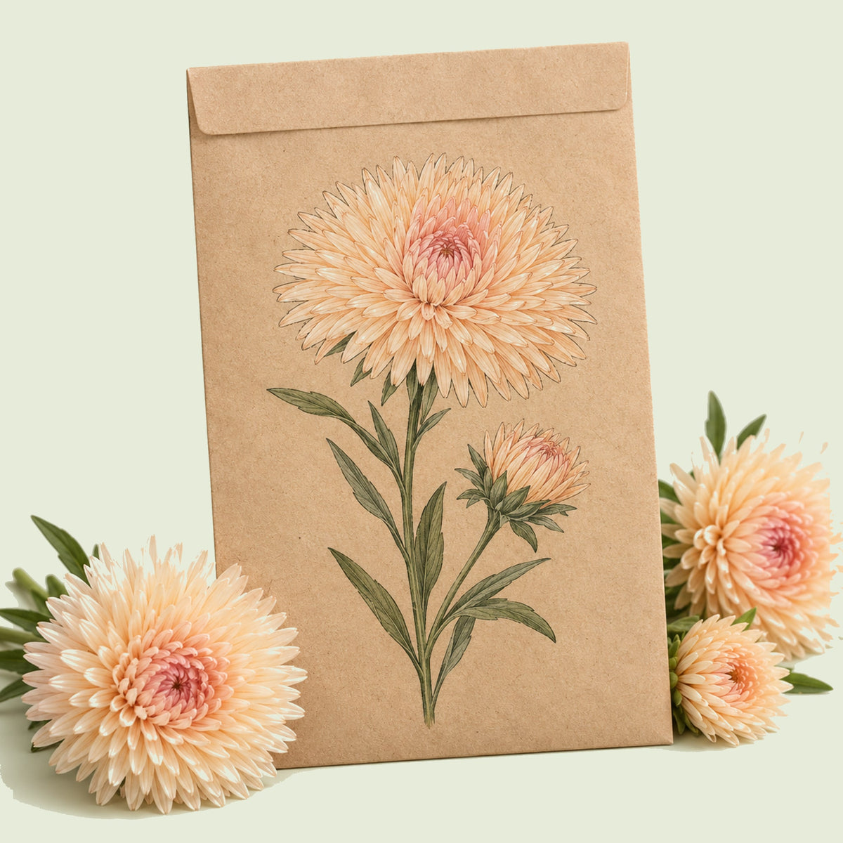 Kraft seed packet illustrated with Apricot Aster, with fresh Apricot Aster beside it