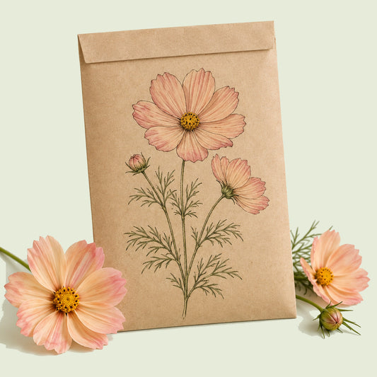 Kraft seed packet illustrated with Apricotta Cosmos, with fresh Apricotta Cosmos beside it