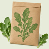 Kraft seed packet illustrated with Astro Arugula, with fresh Astro Arugula beside it