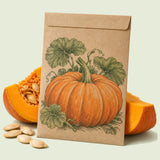 Kraft seed packet illustrated with Atlantic Giant Pumpkin, with fresh Atlantic Giant Pumpkin beside it