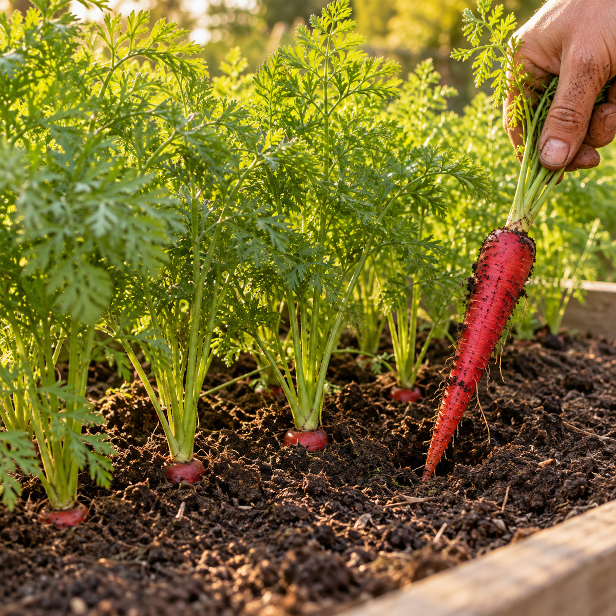 Atomic Red Carrot Seeds growing in a home garden