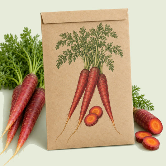 Kraft seed packet illustrated with Atomic Red Carrot, with fresh Atomic Red Carrot beside it