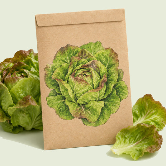 Kraft seed packet illustrated with Australe Butterhead Lettuce, with fresh Australe Butterhead Lettuce beside it