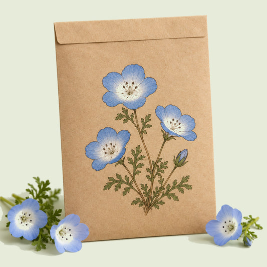 Kraft seed packet illustrated with Baby Blue Eyes, with fresh Baby Blue Eyes beside it