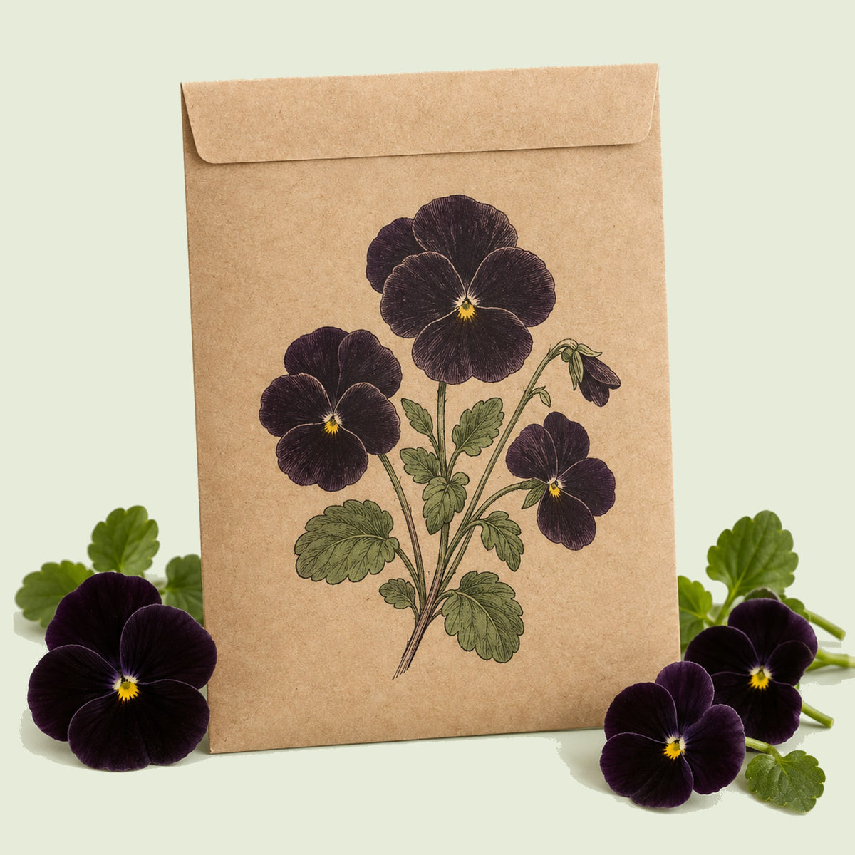 Kraft seed packet illustrated with Back To Black Viola, with fresh Back To Black Viola beside it
