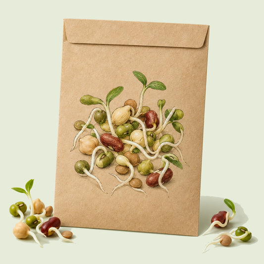 Kraft seed packet illustrated with Bean Mix Sprouting, with fresh Bean Mix Sprouting beside it